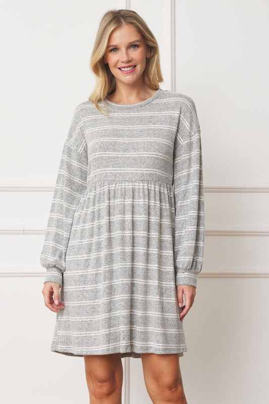 Stripe Bishop Sleeve Mini Dress-Charmful Clothing Boutique