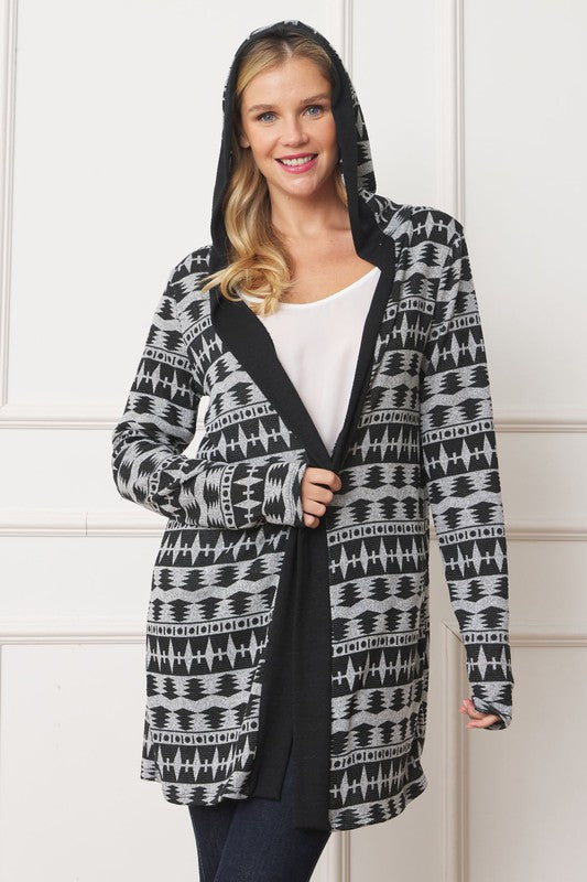 Long Tribal Print Hooded Cardigan-Charmful Clothing Boutique