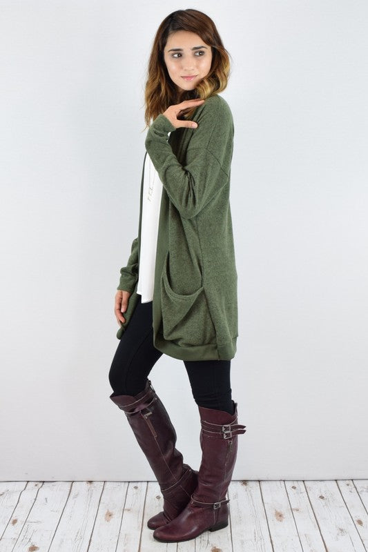 Solid Drape Pocket Cardigan-Charmful Clothing Boutique