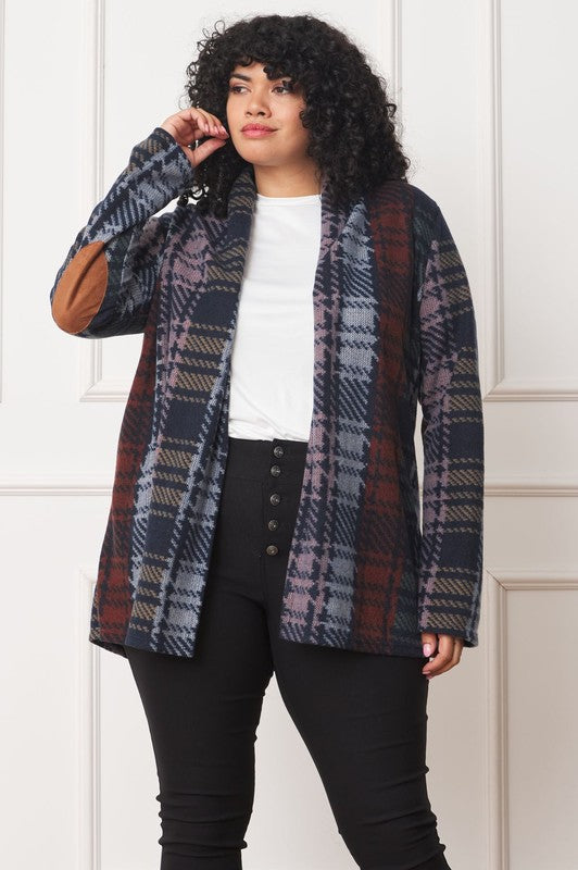 Plus Multi Color Plaid Elbow Patch Cardigan-Charmful Clothing Boutique