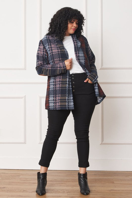 Plus Multi Color Plaid Elbow Patch Cardigan-Charmful Clothing Boutique