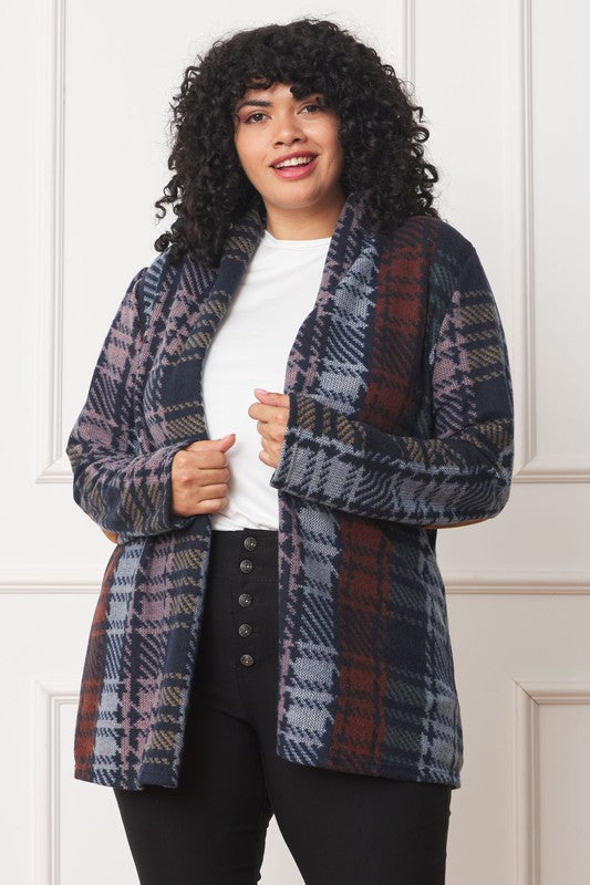 Plus Multi Color Plaid Elbow Patch Cardigan-Charmful Clothing Boutique