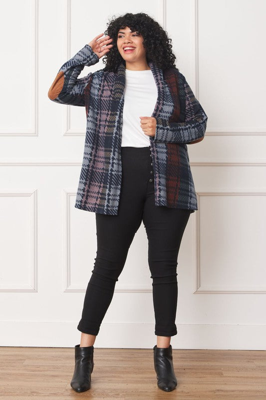 Plus Multi Color Plaid Elbow Patch Cardigan-Charmful Clothing Boutique