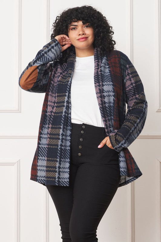 Plus Multi Color Plaid Elbow Patch Cardigan-Charmful Clothing Boutique