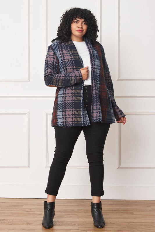 Plus Multi Color Plaid Elbow Patch Cardigan-Charmful Clothing Boutique