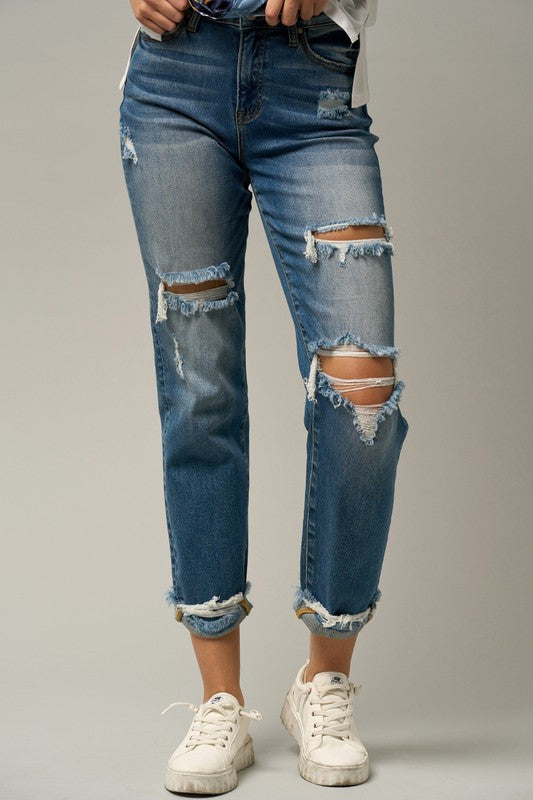 High Waist Ripped Boyfriend Jeans-Charmful Clothing Boutique