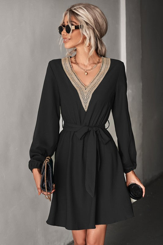 Women's Long Sleeve V Neck Mid Dress-Charmful Clothing Boutique