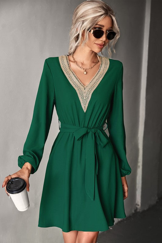 Women's Long Sleeve V Neck Mid Dress-Charmful Clothing Boutique