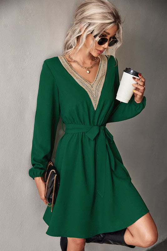 Women's Long Sleeve V Neck Mid Dress-Charmful Clothing Boutique