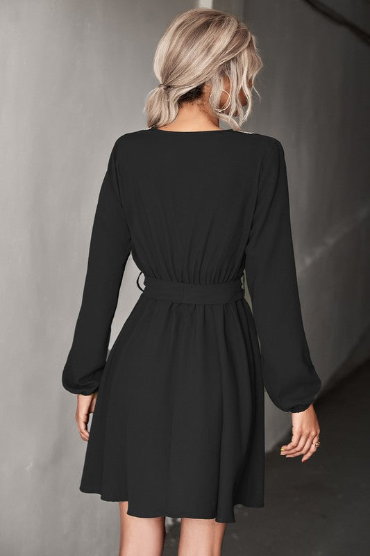 Women's Long Sleeve V Neck Mid Dress-Charmful Clothing Boutique