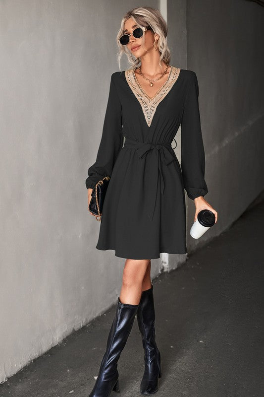 Women's Long Sleeve V Neck Mid Dress-Charmful Clothing Boutique