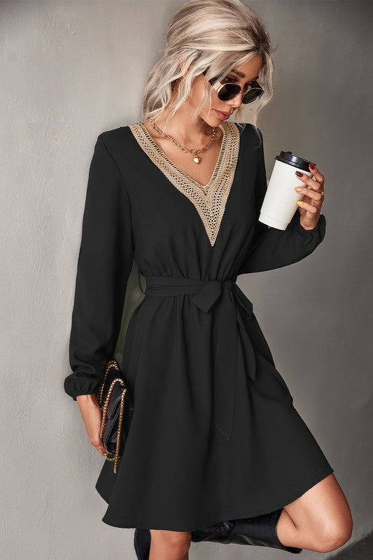 Women's Long Sleeve V Neck Mid Dress-Charmful Clothing Boutique