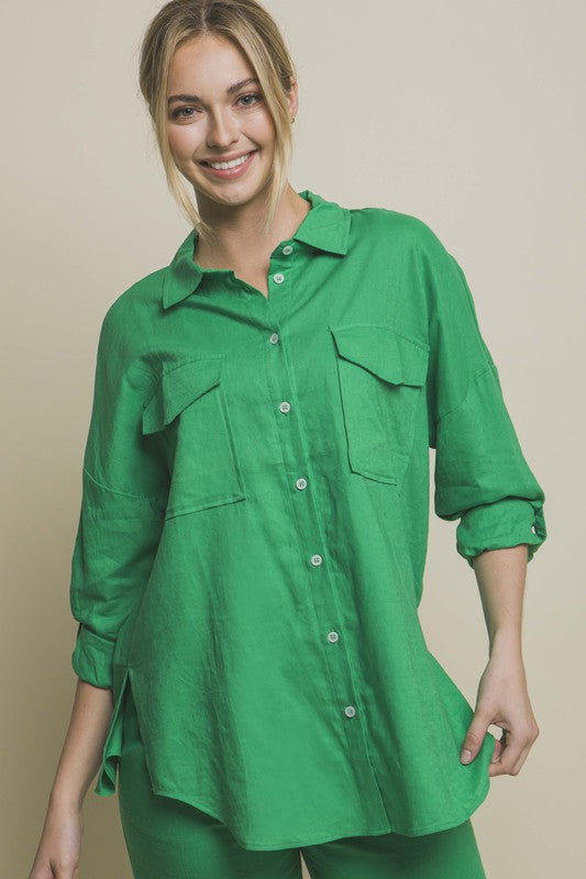 Linen Oversized Double Pocket Button Down Shirt-Charmful Clothing Boutique