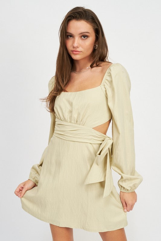 LONG SLEEVE TIE WAIST MINI DRESS-Charmful Clothing Boutique