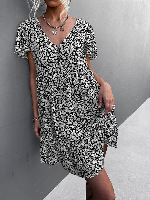 Floral Short Sleeve V Neck Midi Length Dress-Charmful Clothing Boutique