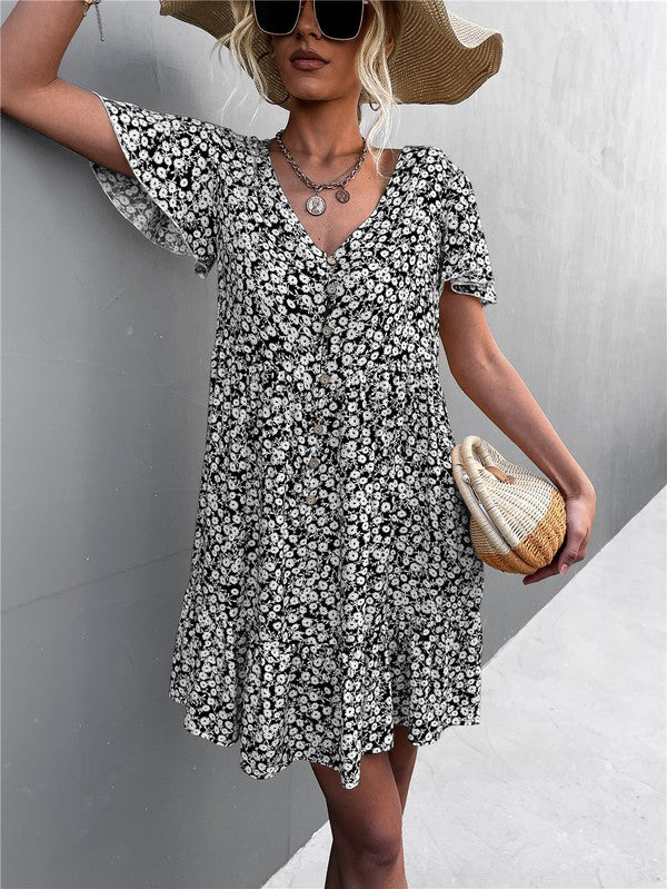 Floral Short Sleeve V Neck Midi Length Dress-Charmful Clothing Boutique