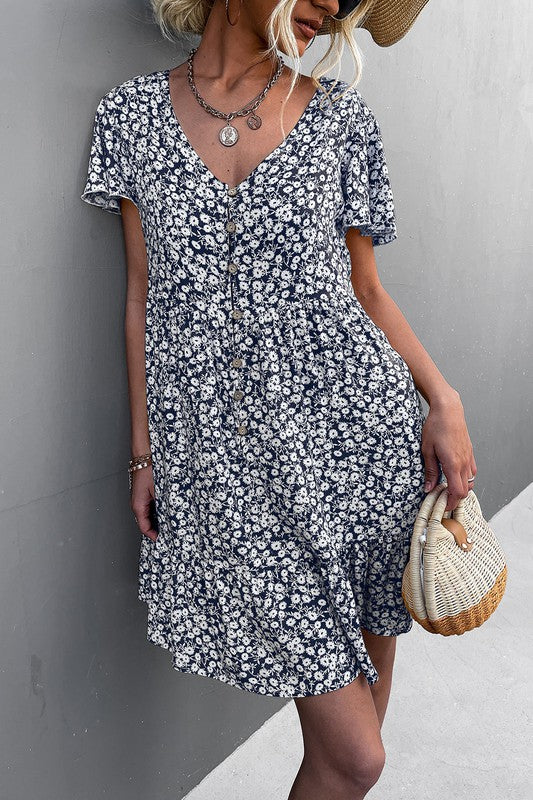 Floral Short Sleeve V Neck Midi Length Dress-Charmful Clothing Boutique