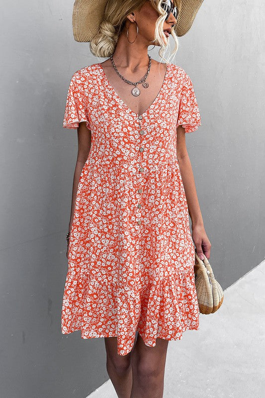 Floral Short Sleeve V Neck Midi Length Dress-Charmful Clothing Boutique