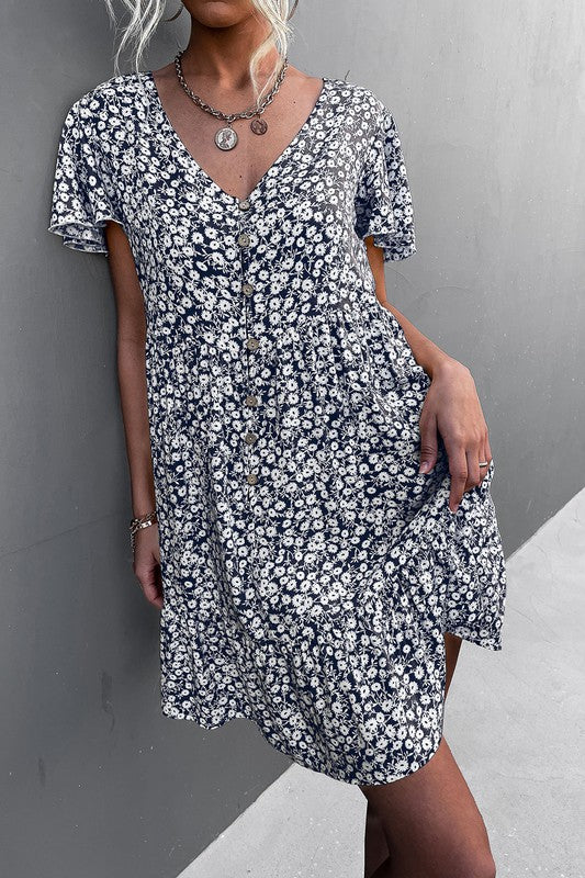 Floral Short Sleeve V Neck Midi Length Dress-Charmful Clothing Boutique