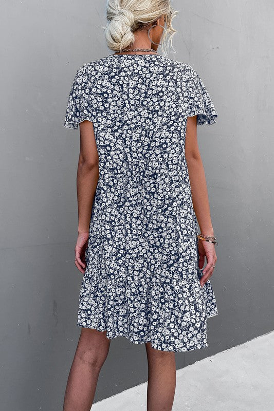 Floral Short Sleeve V Neck Midi Length Dress-Charmful Clothing Boutique