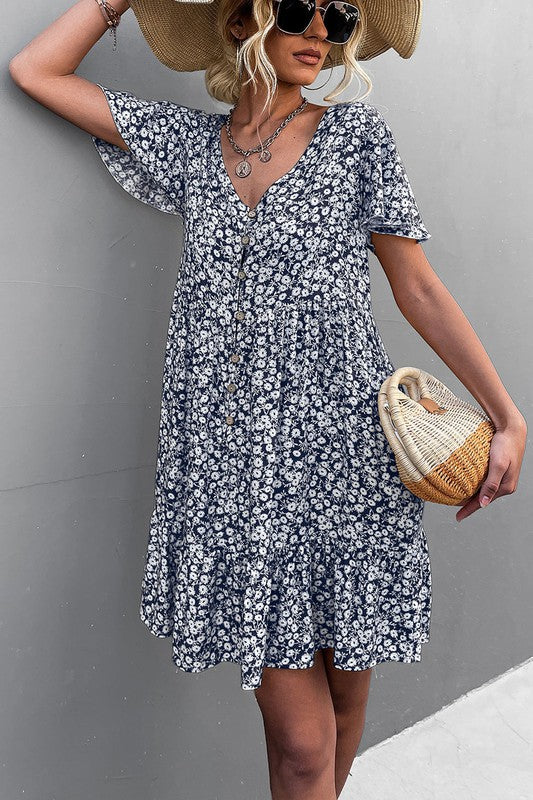 Floral Short Sleeve V Neck Midi Length Dress-Charmful Clothing Boutique