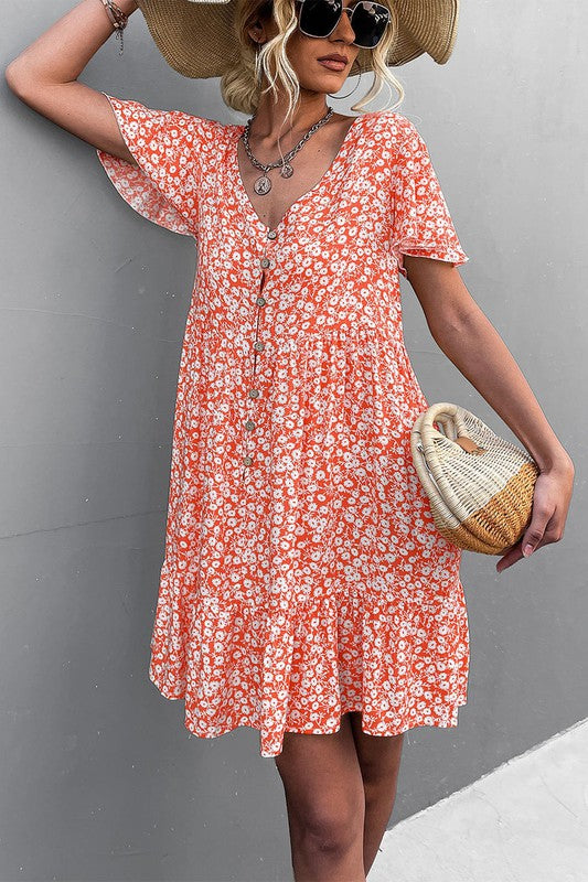 Floral Short Sleeve V Neck Midi Length Dress-Charmful Clothing Boutique