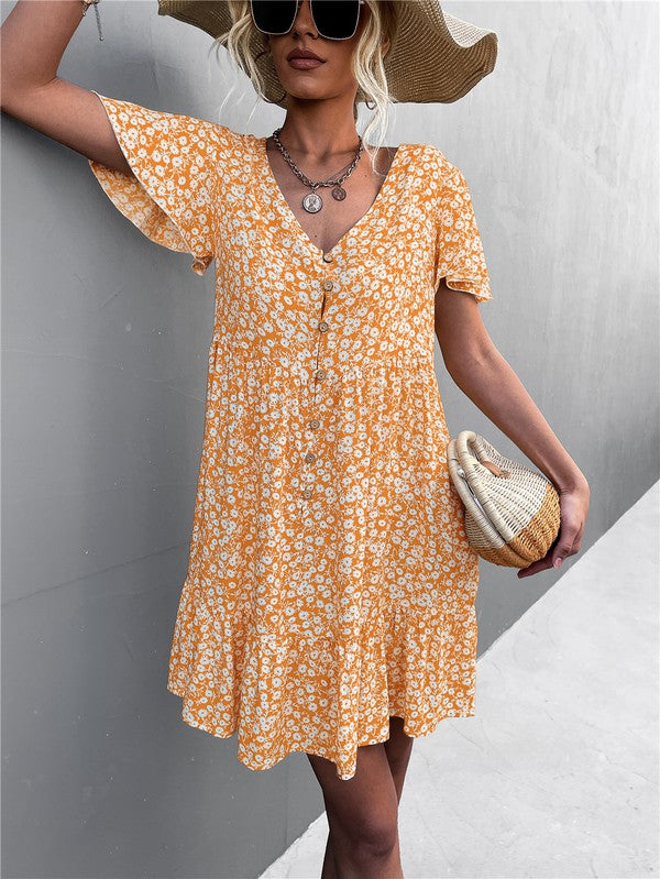 Floral Short Sleeve V Neck Midi Length Dress-Charmful Clothing Boutique