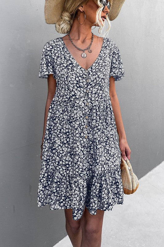 Floral Short Sleeve V Neck Midi Length Dress-Charmful Clothing Boutique