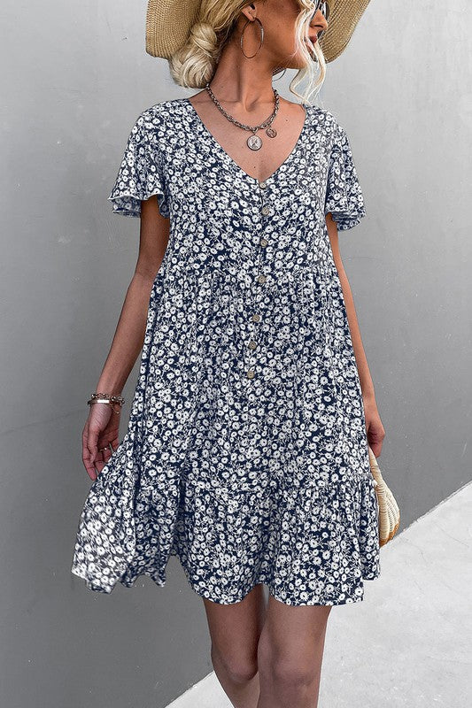 Floral Short Sleeve V Neck Midi Length Dress-Charmful Clothing Boutique