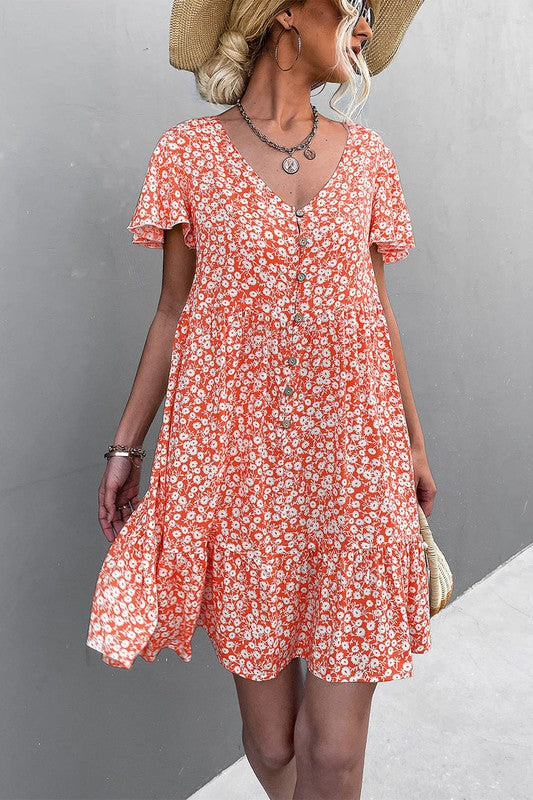 Floral Short Sleeve V Neck Midi Length Dress-Charmful Clothing Boutique