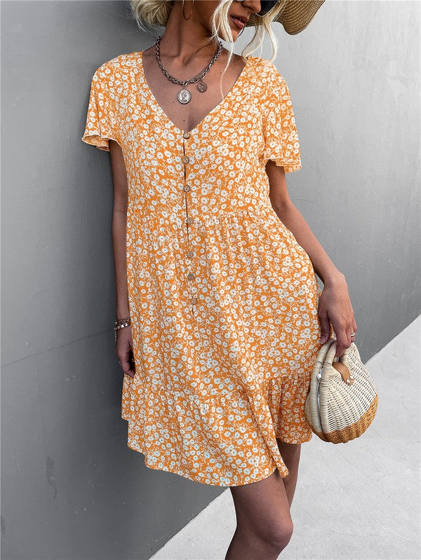 Floral Short Sleeve V Neck Midi Length Dress-Charmful Clothing Boutique