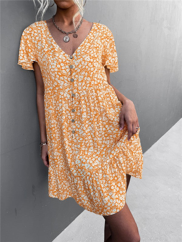 Floral Short Sleeve V Neck Midi Length Dress-Charmful Clothing Boutique