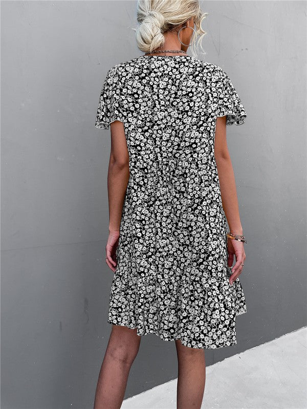 Floral Short Sleeve V Neck Midi Length Dress-Charmful Clothing Boutique