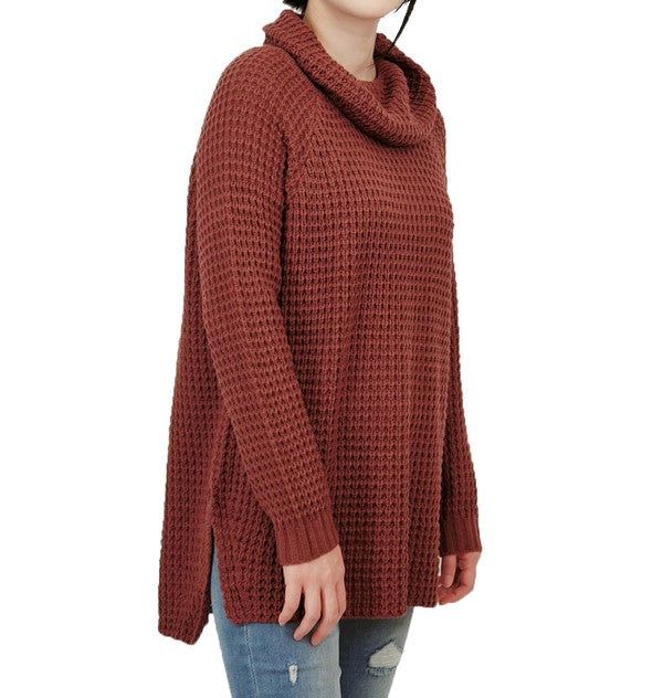 Cowl Neck Oversized Pop-Corn Knit Tunic Sweater-Charmful Clothing Boutique