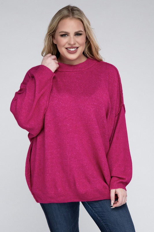 Plus Oversized Round Neck Raw Seam Melange Sweater-Charmful Clothing Boutique