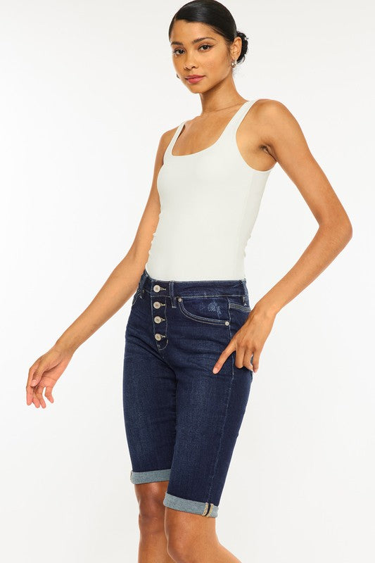 High Rise Button Down Cuffed Bermuda Jeans