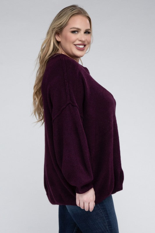 Plus Oversized Round Neck Raw Seam Melange Sweater-Charmful Clothing Boutique