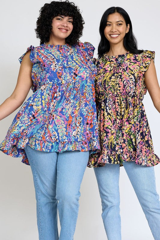 Ruffle floral leaf woven tunic top-Charmful Clothing Boutique