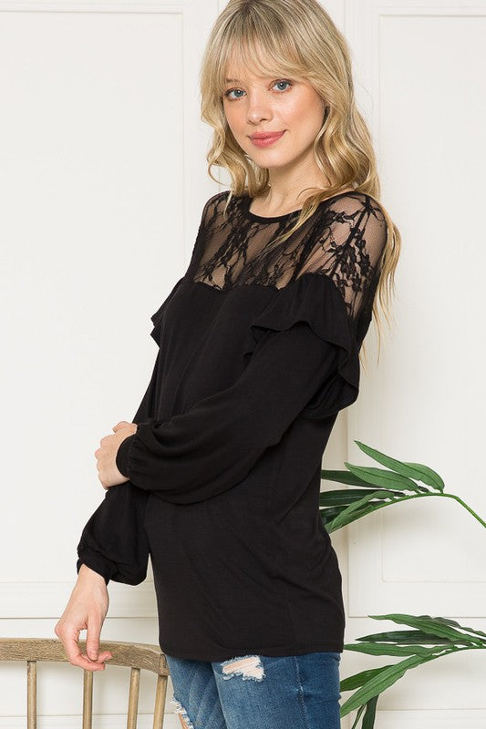 Lace Yoke Ruffle Sleeves-Charmful Clothing Boutique