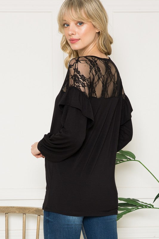 Lace Yoke Ruffle Sleeves-Charmful Clothing Boutique