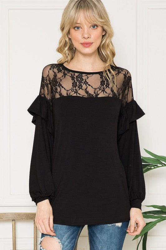 Lace Yoke Ruffle Sleeves-Charmful Clothing Boutique