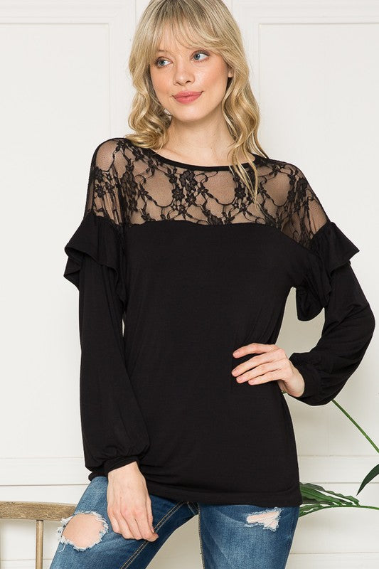 Lace Yoke Ruffle Sleeves-Charmful Clothing Boutique