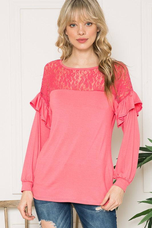 Lace Yoke Ruffle Sleeves-Charmful Clothing Boutique