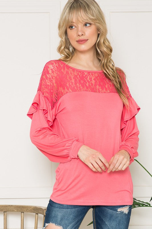 Lace Yoke Ruffle Sleeves-Charmful Clothing Boutique