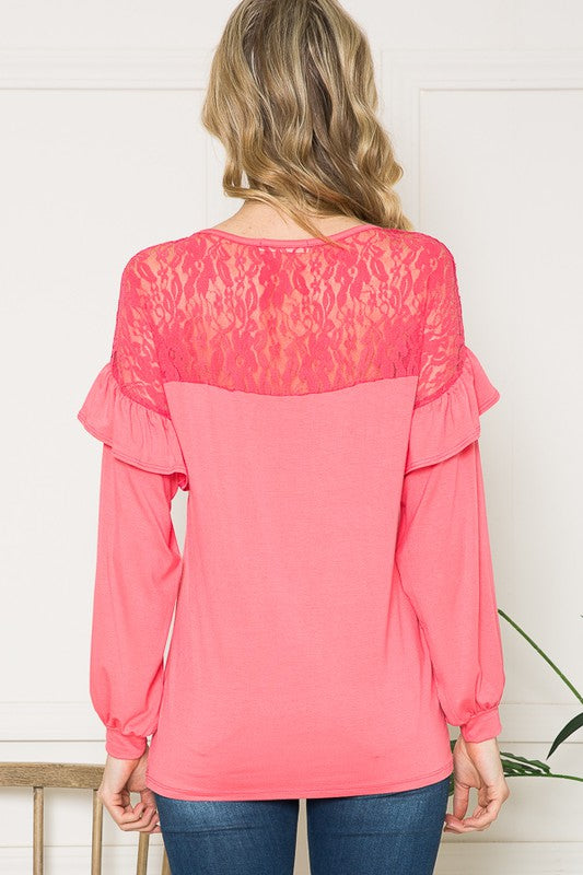 Lace Yoke Ruffle Sleeves-Charmful Clothing Boutique