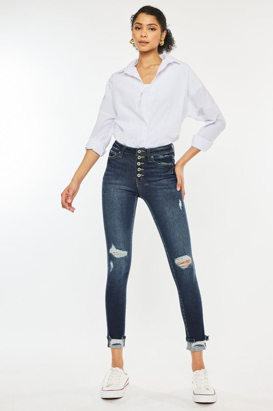 Kan Can High Rise Button Down Cuffed Ankle Skinny Jeans-Charmful Clothing Boutique