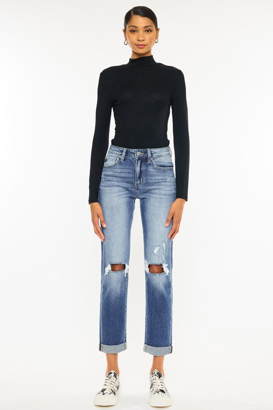 Kan Can High Rise Hem Detail Slim Straight Jeans-Charmful Clothing Boutique