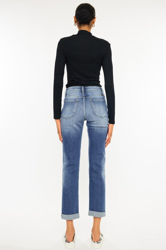 Kan Can High Rise Hem Detail Slim Straight Jeans-Charmful Clothing Boutique