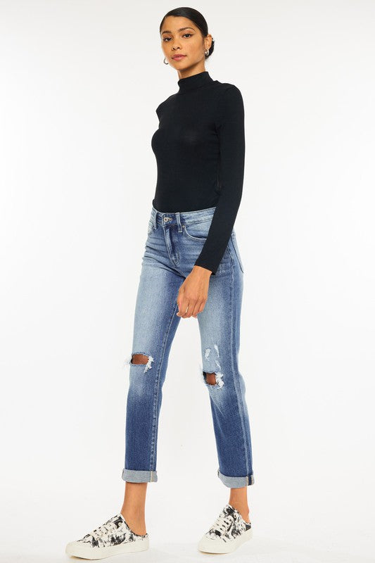 Kan Can High Rise Hem Detail Slim Straight Jeans-Charmful Clothing Boutique