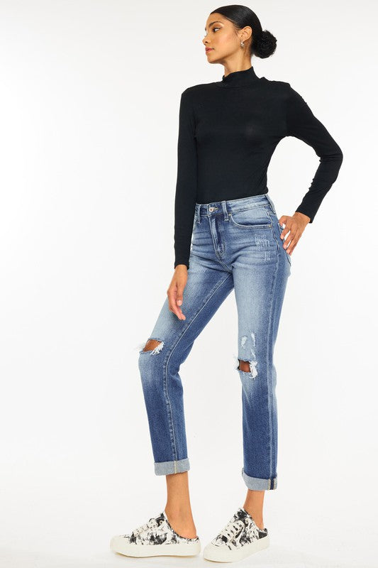 Kan Can High Rise Hem Detail Slim Straight Jeans-Charmful Clothing Boutique